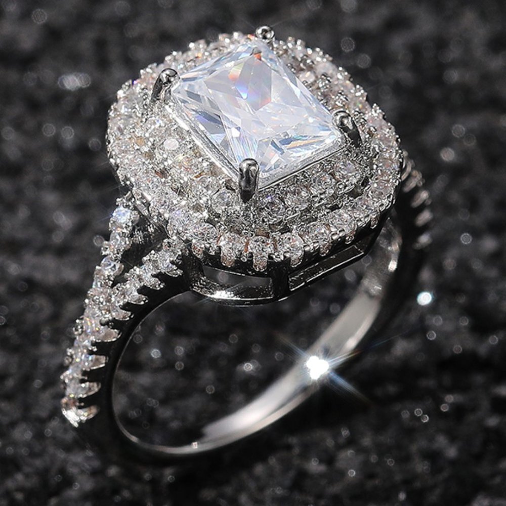 💥DOUBLE LAYER 14K WHITE GOLD RADIANT CUT PURE CZ LUXURY WEDDING RING, K856